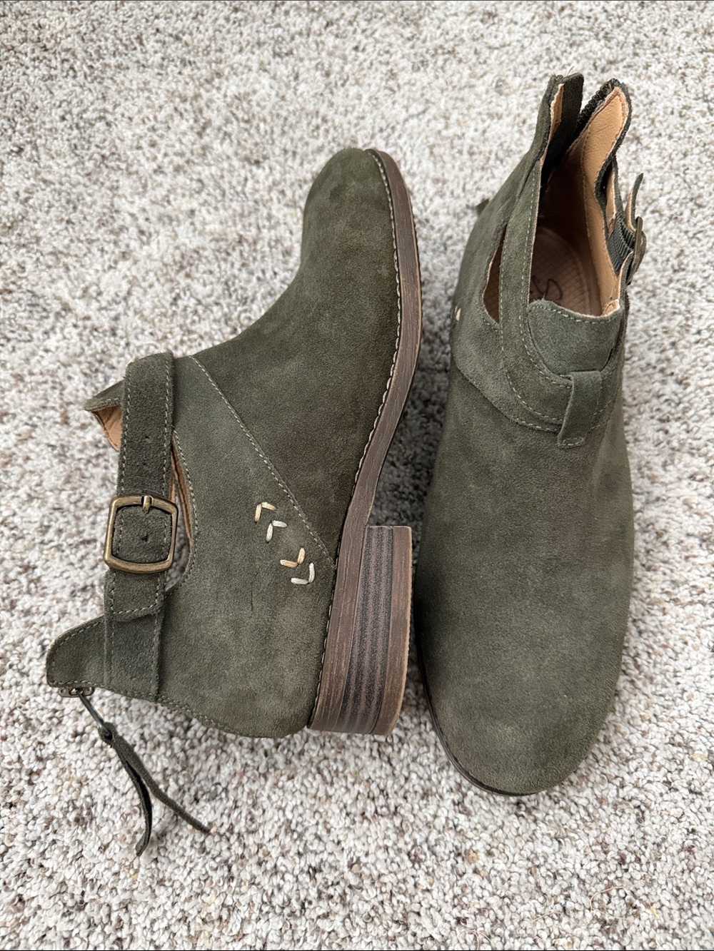 Skechers Olive Green Suede Chelsea Booties with Buckle Strap